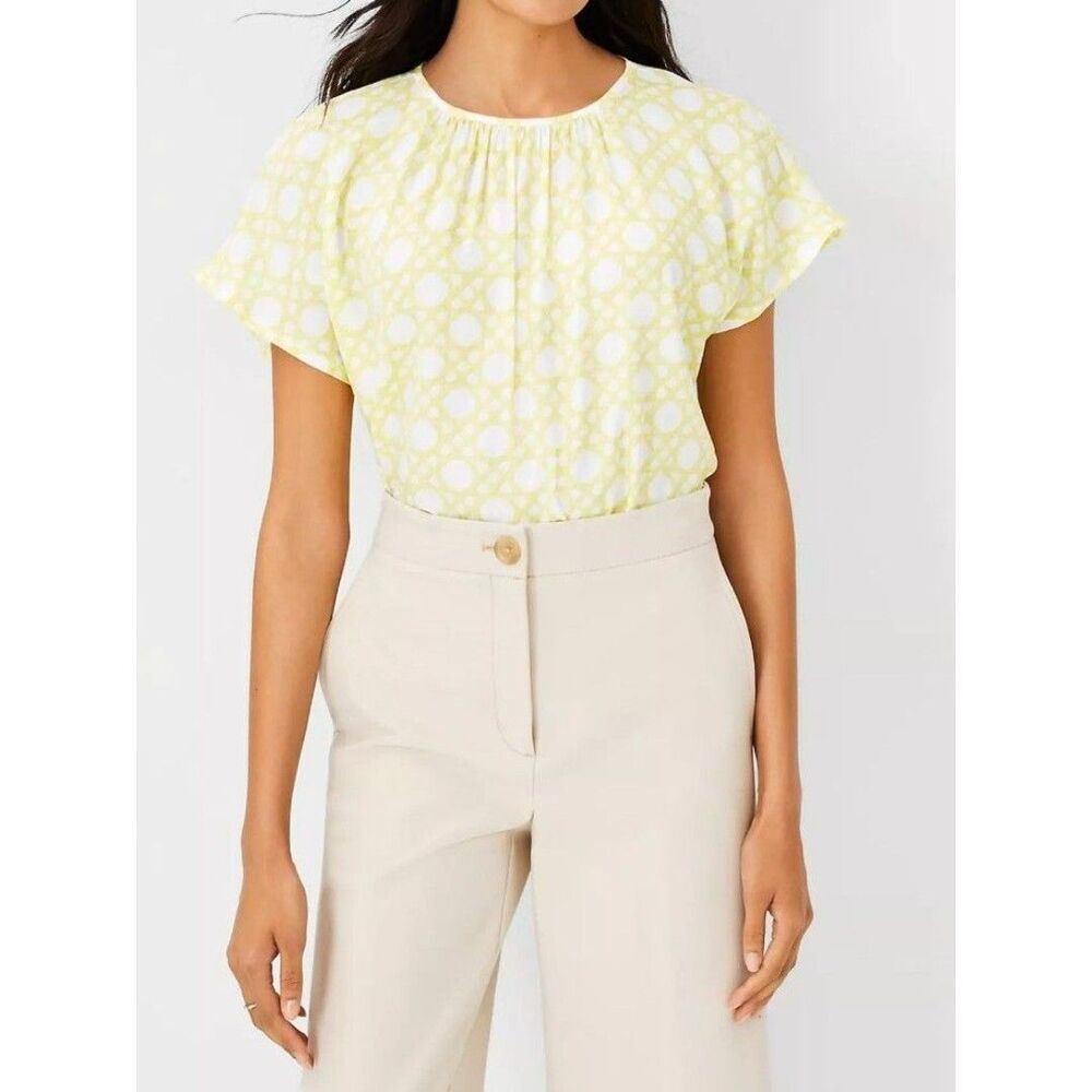 Ann Taylor Rattan Print Mixed Media Gathered Neck Top Blouse Size S